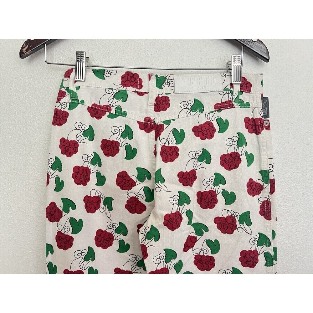 VTG 90s MOSCHINO White Flare Jeans Raspberry Leaf Print Red Green Y2K Cottage 26 - Picture 5 of 8